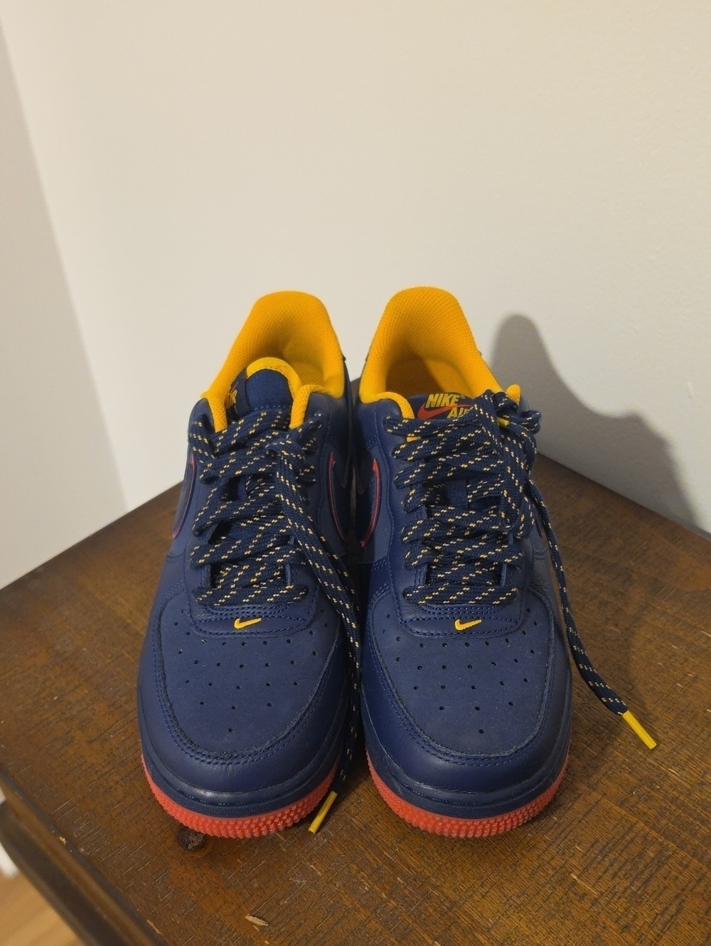 Nike Kids Navy Sneakers with Yellow Lining and Red Soles - Picture 1 of 5